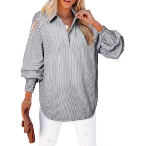 Astylish Women 2025 Fine Striped Smocked Cuffed Henley Shirts Long Sleeve Collared Blouse Tops with Pocket