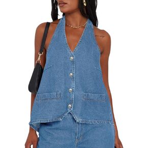 Tankaneo Womens Halter Denim Vest Tops Summer Open Back Y2K Going Out Tank Tops V Neck Button Down Jean Shirts