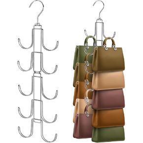 Purse Organizer for Closet, Upgraded Purse Hanger with 10 Big Hooks, 360 Degree Rotation for Better Organizer and Display, Collapsible Space Saving Hangers Rack for Handbag, Scarve, Tie, Black