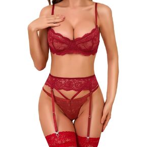 RSLOVE Lingerie Set for Women Sexy - Corset Panty Outfits 3 Piece Lace Push Up Underwire with Garter Lingerie Bra And Panty