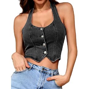 Elleven Women's Denim Halter Top Jean Vest - Butch Brugh Button Pront