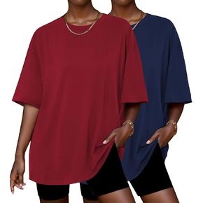 Ekouaer 2 Pack Womens Tops Short Sleeve Oversized T Shirts Summer Spring Tops 2025 Basic Casual Tee Top S-XXL