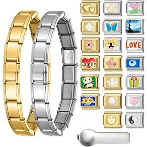 SWEETV Stainless Steel 18 Link Polish Italian Charm Bracelet with 1Pcs Starter Brascelet, 9Pcs Charms and Opening Tools, Classic 9mm Modular Charm, Personalized Jewelry Gift