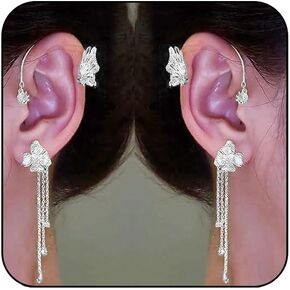 Butterfly Ear Cuffs Earrings Rhinestone Butterfly Flower Ear Wrap No Piercing Tassel Earrings for Women