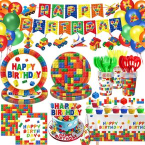 173 PCS Build Build Party Party Decorations - لوحات ، مناديل ، أكواب ، أدوات المائدة ، الكعك والكب كيك القبعات ، لافتة ، دوامات معلقة ، مفرش المائدة ، البالونات لأولاد الأطفال ، يقدم 20