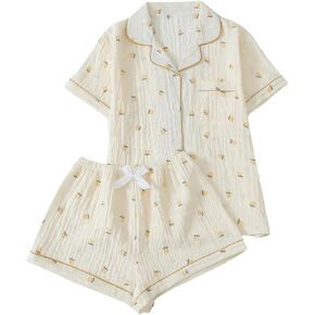 Verdusa Women's 2 Piece Pajama Set Matching Pjs Sets Cute Printed Sleepwear Button Up Shirt with Lounge Shorts Set
