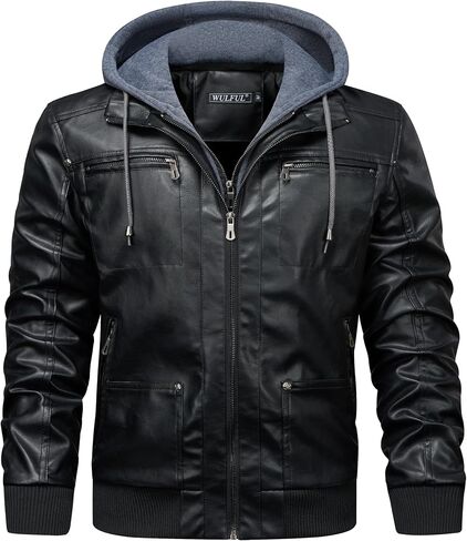 WULFUL Men's Leather Jackets, Faux Leather Jacket for Men Lapel Zip-Up Slim Fit Coat in Kuwait