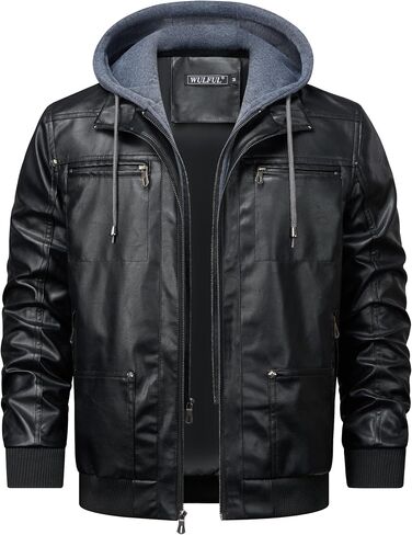 WULFUL Men's Leather Jackets, Faux Leather Jacket for Men Lapel Zip-Up Slim Fit Coat in Kuwait