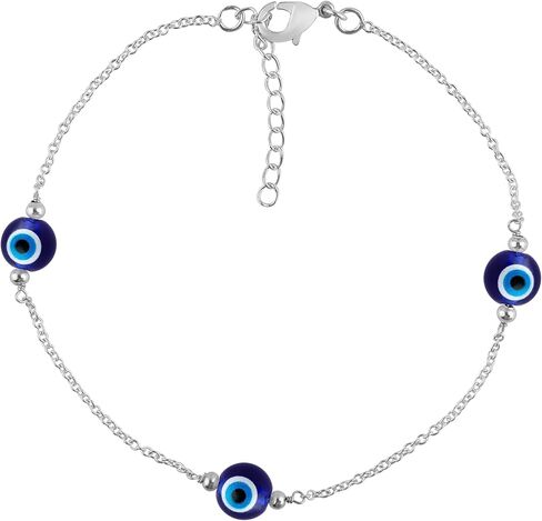 Anklets for Women, Natural Gemstones, Handmade Boho Jewelry, Station Beaded Ankle Bracelet, Silver Plated Chain 9+1.50 inch, Simple Trendy Summer Beach Jewelry Gift (Black Evil Eye) in Kuwait