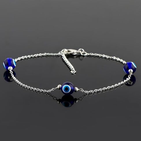 Anklets for Women, Natural Gemstones, Handmade Boho Jewelry, Station Beaded Ankle Bracelet, Silver Plated Chain 9+1.50 inch, Simple Trendy Summer Beach Jewelry Gift (Black Evil Eye) in Kuwait