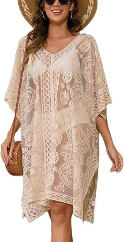 Sexy Elegant Lace Beach Cover Up for Women, Bathing Suit Cover Up, V-Neck Swimsuit Coverup for Poolside, Seaside and Party in Kuwait