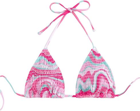 SHENHE Women's Triangle Halter Bikini Top Floral Tie Back Smocked Cute Swimsuit Top in Kuwait
