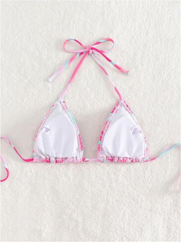 SHENHE Women's Triangle Halter Bikini Top Floral Tie Back Smocked Cute Swimsuit Top in Kuwait