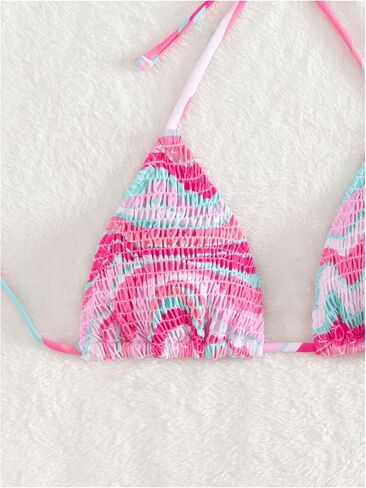 SHENHE Women's Triangle Halter Bikini Top Floral Tie Back Smocked Cute Swimsuit Top in Kuwait