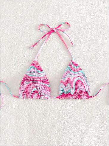 SHENHE Women's Triangle Halter Bikini Top Floral Tie Back Smocked Cute Swimsuit Top in Kuwait