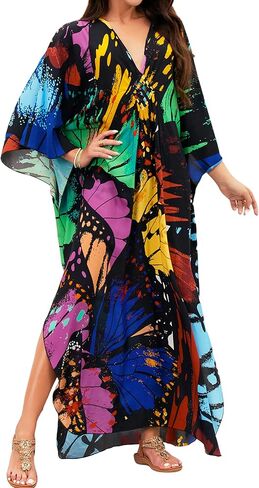 MAKABO Kaftan Dresses for Women, V Neck Moo Moos Colorful Print Cover Ups Caftan Beach Dresses for Swimwear in Kuwait