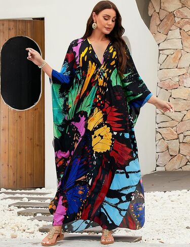 MAKABO Kaftan Dresses for Women, V Neck Moo Moos Colorful Print Cover Ups Caftan Beach Dresses for Swimwear in Kuwait