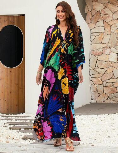 MAKABO Kaftan Dresses for Women, V Neck Moo Moos Colorful Print Cover Ups Caftan Beach Dresses for Swimwear in Kuwait