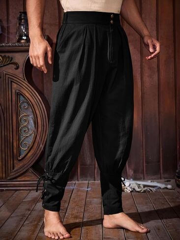 Runcati Mens Medieval Ankle Pants Renaissance Viking Pirate Pants Lace Up Cotton Tapered Halloween Costume Trousers in Saudi Arabia