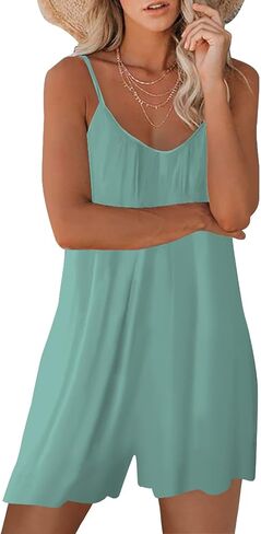 Womens Summer Casual Sleeveless Strap Loose Adjustable Jumpsuits Stretchy Shorts Romper with Pockets in Saudi Arabia