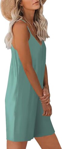 Womens Summer Casual Sleeveless Strap Loose Adjustable Jumpsuits Stretchy Shorts Romper with Pockets in Saudi Arabia