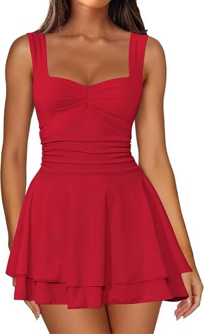 IWD Women's Square Neck Sleeveless Mini Dress Ruched Waist Tiered Ruffle Hem A Line Short Dresses in Saudi Arabia