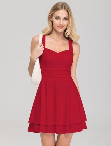 IWD Women's Square Neck Sleeveless Mini Dress Ruched Waist Tiered Ruffle Hem A Line Short Dresses in Saudi Arabia