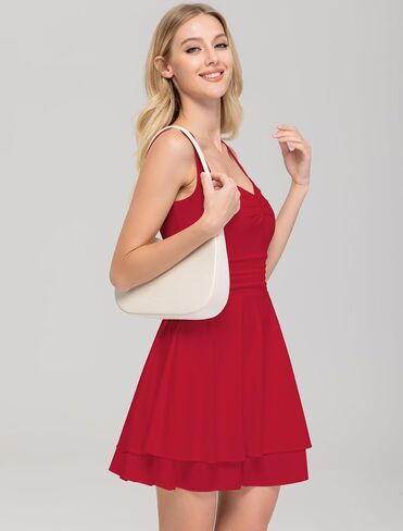 IWD Women's Square Neck Sleeveless Mini Dress Ruched Waist Tiered Ruffle Hem A Line Short Dresses in Saudi Arabia