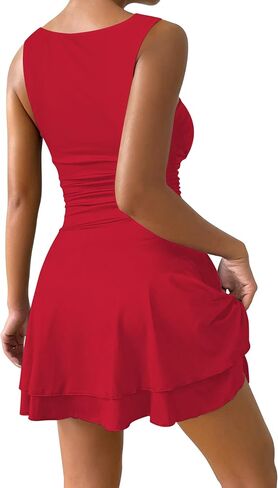 IWD Women's Square Neck Sleeveless Mini Dress Ruched Waist Tiered Ruffle Hem A Line Short Dresses in Saudi Arabia