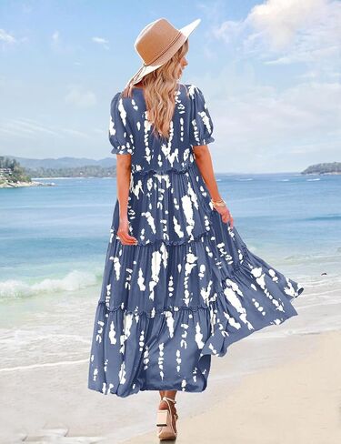 Yesno Summer Summer Disual Bohemian Floral Dresses for Women Puff Short Sleeve Long Maxi Dress مع جيوب Etx in Kuwait