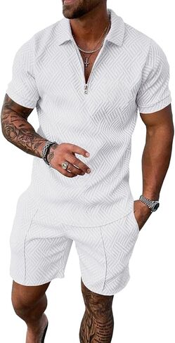 UOUA Mens Summer Track Suits 2 Piece Shorts Sets Short Sleeve Sweatsuit Outfits 1/4 Zip Golf Polo Shirts Loungewear in Saudi Arabia