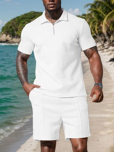 UOUA Mens Summer Track Suits 2 Piece Shorts Sets Short Sleeve Sweatsuit Outfits 1/4 Zip Golf Polo Shirts Loungewear in Saudi Arabia