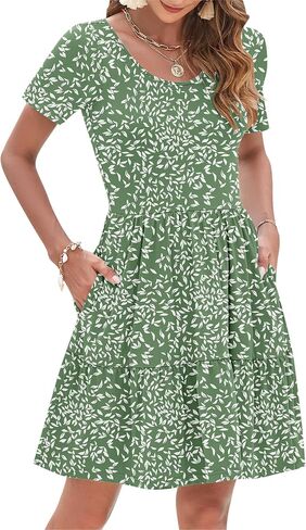 AUSELILY Women Summer Dress Casual Short Sleeve Crew Neck Mini Dresses Beach with Pockets in Saudi Arabia