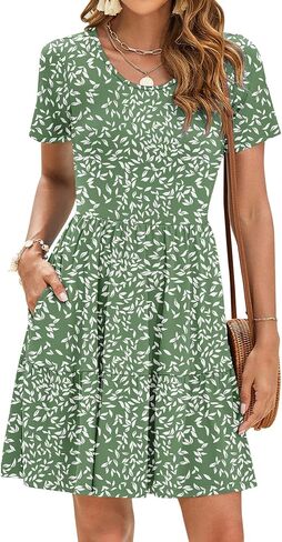 AUSELILY Women Summer Dress Casual Short Sleeve Crew Neck Mini Dresses Beach with Pockets in Saudi Arabia