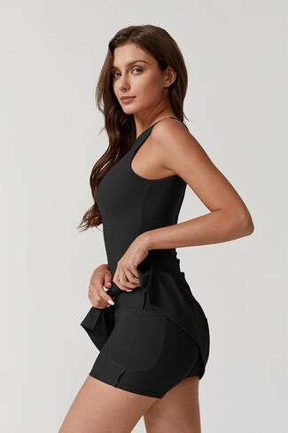 QINSEN Womens Crew Neck Tennis Dress Sleeveless Side Slit Golf Athletic Dress Build in Shorts with Pockets in Saudi Arabia