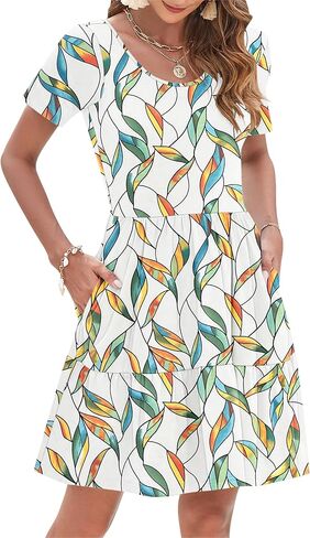 AUSELILY Women Summer Dress Casual Short Sleeve Crew Neck Mini Dresses Beach with Pockets in Kuwait
