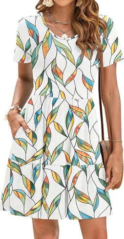 AUSELILY Women Summer Dress Casual Short Sleeve Crew Neck Mini Dresses Beach with Pockets in Kuwait