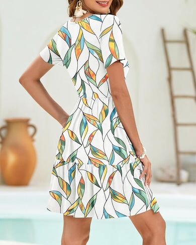 AUSELILY Women Summer Dress Casual Short Sleeve Crew Neck Mini Dresses Beach with Pockets in Kuwait