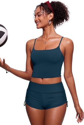 CRZ YOGA Womens Scoop Neck Bikini Tops U Back Longline Swimsuit Adjustable Spaghetti Straps Bathing Suit Crop Tankini in Saudi Arabia