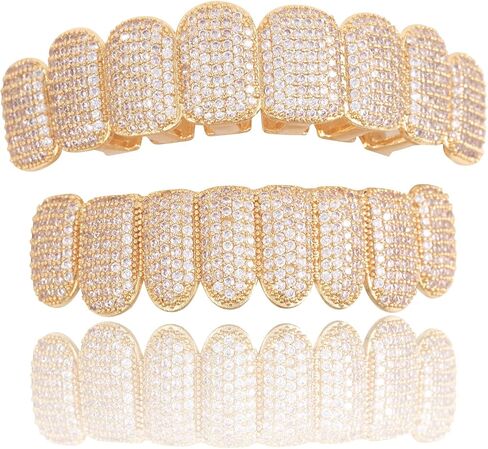 Gold Teeth Grillz Hip Hop Punk Style Copper Plated 18K Gold Inlaid Gorgeous shine Zircon Teeth Grilz Grills Orthodontics Halloween Night Party Shining Choice Numerous zircons in Saudi Arabia