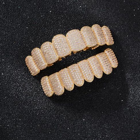 Gold Teeth Grillz Hip Hop Punk Style Copper Plated 18K Gold Inlaid Gorgeous shine Zircon Teeth Grilz Grills Orthodontics Halloween Night Party Shining Choice Numerous zircons in Saudi Arabia
