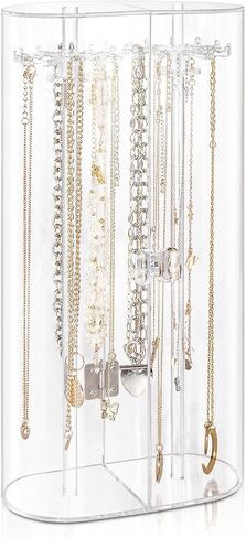 Necklace Holder, Acrylic Jewelry Organizer with 24 Hooks, Rotation Clear Necklaces Pendant Display Case Stand, Dust-proof Velvet Tray Hanging Rack Storage for Earrings Rings in Saudi Arabia