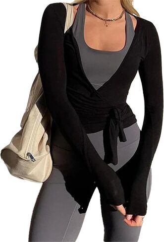 Womens Ballet Wrap Top Long Sleeve Tie Front Workout Cover Up Pilates Yoga Tops Y2k Fairy Coquette Shirt Going Out in Saudi Arabia
