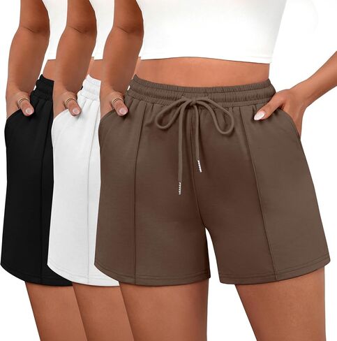 Neer 3 Pack Women's Sweat Shorts, Casual Drawstring Athletic Shorts Summer Lounge Loose Solid Active Short Pants with Pockets in Saudi Arabia