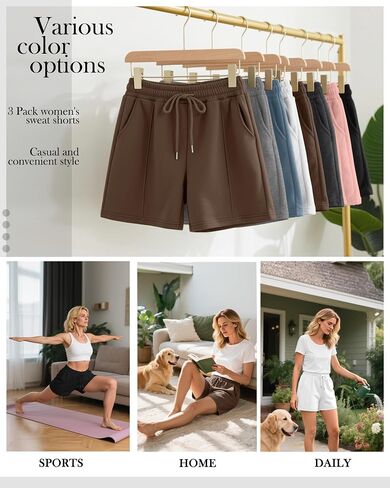 Neer 3 Pack Women's Sweat Shorts, Casual Drawstring Athletic Shorts Summer Lounge Loose Solid Active Short Pants with Pockets in Saudi Arabia