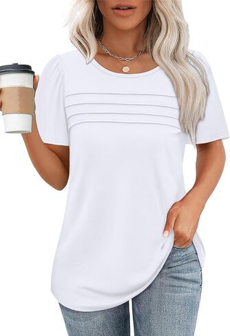 OFEEFAN Womens T Shirts Short Sleeve Tops Dressy Casual Blouses Spring Summer Outfits Flowy Pleated Front Scooped Neck in Saudi Arabia