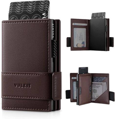 VULKIT Card Holder Bifold Pop Up Leather Wallet for Men RFID Blocking Metal Card Case, Holds 9 Cards and Banknotes Navy in Kuwait