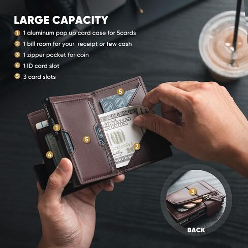 VULKIT Card Holder Bifold Pop Up Leather Wallet for Men RFID Blocking Metal Card Case, Holds 9 Cards and Banknotes Navy in Kuwait