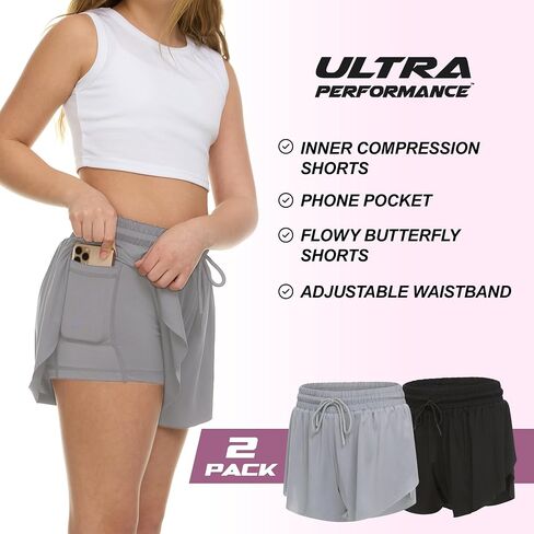 Ultra Performance Girl's Butterfly Short's 2 Pack Girls Athletic Short Basketball Soccer Flowy Active Shorts for Girls in Saudi Arabia