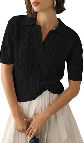 Micoson Womens Short Sleeve Sweater Tops Lapel v Neck Strafle Dorts 2025 Summer Cable Knit Business Discal in Kuwait